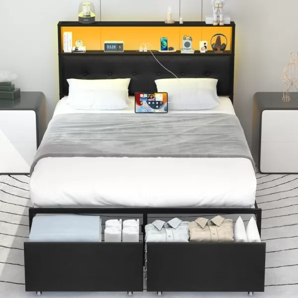 Yoobure Queen Size Bed Frame Metal Platform Bed Frame Queen Size with Headboard Noise Free Bed Frames with Storage Drawers Bedframe with Charging Station LED Light Heavy Duty No Box Spring NeededBlack