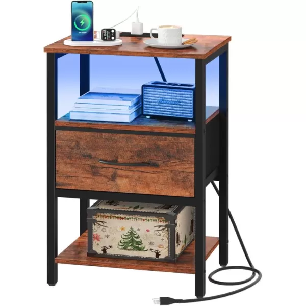 Yoobure Side Table with Storage LED Night Stand with Charging Station End Tables Living Room Nightstand for Bedroom with Adjustable Fabric Drawer 3Tier Wood Bedside Table Berry BrownBrown