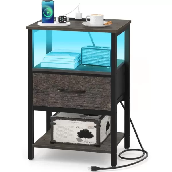 Yoobure Side Table with Storage LED Night Stand with Charging Station End Tables Living Room Nightstand for Bedroom with Adjustable Fabric Drawer 3Tier Wood Bedside Table Berry BrownGrey