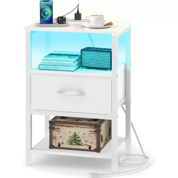 Yoobure Side Table with Storage LED Night Stand with Charging Station End Tables Living Room Nightstand for Bedroom with Adjustable Fabric Drawer 3Tier Wood Bedside Table Berry BrownWhite