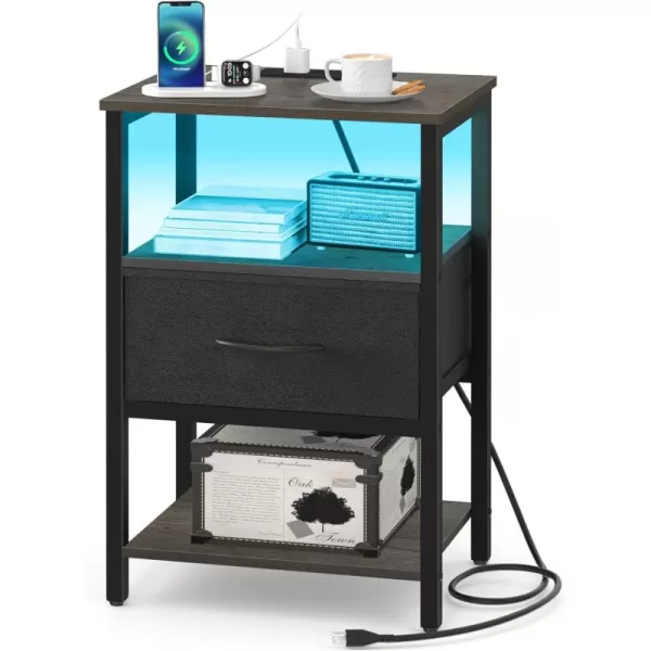 Yoobure Side Table with Storage LED Night Stand with Charging Station End Tables Living Room Nightstand for Bedroom with Adjustable Fabric Drawer 3Tier Wood Bedside Table Berry BrownGreyblack
