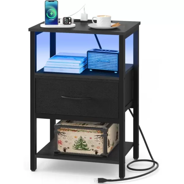 Yoobure Side Table with Storage LED Night Stand with Charging Station End Tables Living Room Nightstand for Bedroom with Adjustable Fabric Drawer 3Tier Wood Bedside Table Berry BrownBlack