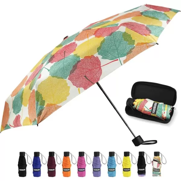 Yoobure Small Mini Umbrella with Case Light Compact Design Perfect for Travel Lightweight Portable Parasol Outdoor SunampampRain UmbrellasColorful Leaf