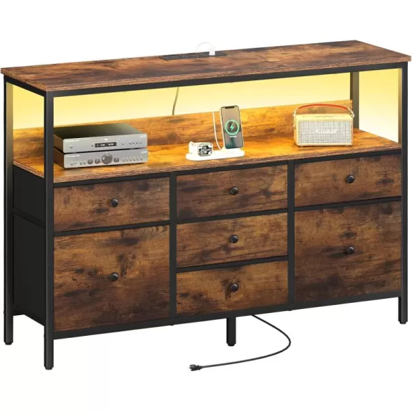 Yoobure TV Stand Dresser for Bedroom 7 Fabric Drawers Entertainment Center LED Dressers with Power Outlets TV Stands for Living Room with Storage Shelf TV Console Entertainment Stand up to 50quot TVRustic Brown