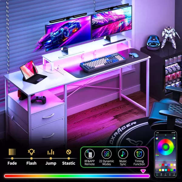 Yoobure Computer Desk with Drawers 551quot Gaming Desk with LED Lights ampamp Power Outlets Office Desk with Fabric File Cabinets Gaming Table with Long Monitor Stand PC Desk with Storage BlackPure White