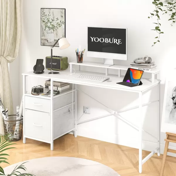 Yoobure Computer Desk with Drawers 551quot Gaming Desk with LED Lights ampamp Power Outlets Office Desk with Fabric File Cabinets Gaming Table with Long Monitor Stand PC Desk with Storage BlackPure White