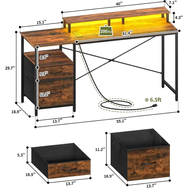Yoobure Computer Desk with Drawers 551quot Gaming Desk with LED Lights ampamp Power Outlets Office Desk with Fabric File Cabinets Gaming Table with Long Monitor Stand PC Desk with Storage BlackBrown