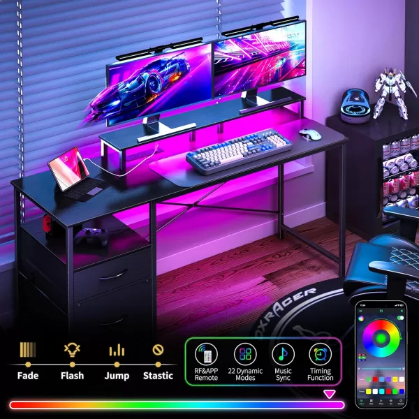 Yoobure Computer Desk with Drawers 551quot Gaming Desk with LED Lights ampamp Power Outlets Office Desk with Fabric File Cabinets Gaming Table with Long Monitor Stand PC Desk with Storage BlackBlack