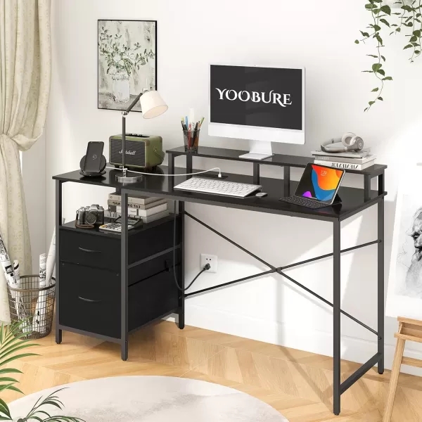Yoobure Computer Desk with Drawers 551quot Gaming Desk with LED Lights ampamp Power Outlets Office Desk with Fabric File Cabinets Gaming Table with Long Monitor Stand PC Desk with Storage BlackBlack