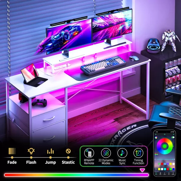 Yoobure Computer Desk with Drawers 551quot Gaming Desk with LED Lights ampamp Power Outlets Office Desk with Fabric File Cabinets Gaming Table with Long Monitor Stand PC Desk with Storage BlackWhite