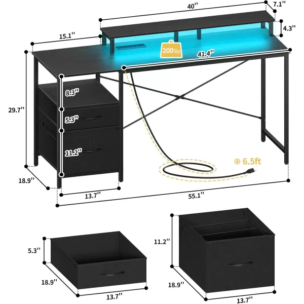 Yoobure Computer Desk with Drawers 551quot Gaming Desk with LED Lights ampamp Power Outlets Office Desk with Fabric File Cabinets Gaming Table with Long Monitor Stand PC Desk with Storage BlackBlack