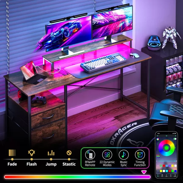 Yoobure Computer Desk with Drawers 551quot Gaming Desk with LED Lights ampamp Power Outlets Office Desk with Fabric File Cabinets Gaming Table with Long Monitor Stand PC Desk with Storage BlackBrown