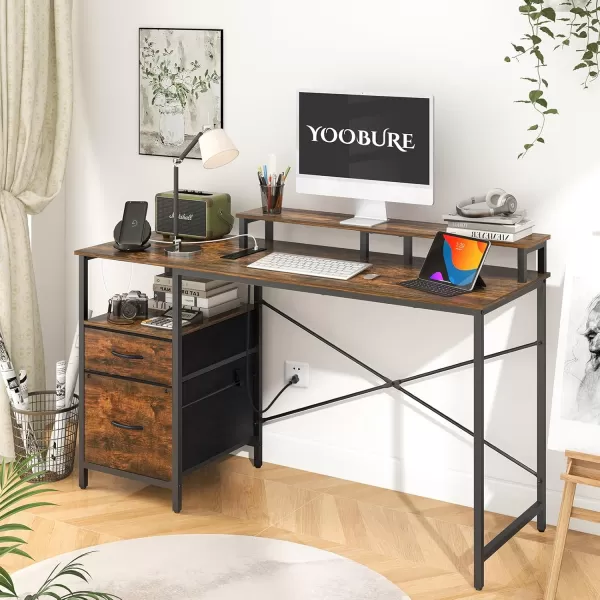 Yoobure Computer Desk with Drawers 551quot Gaming Desk with LED Lights ampamp Power Outlets Office Desk with Fabric File Cabinets Gaming Table with Long Monitor Stand PC Desk with Storage BlackBrown