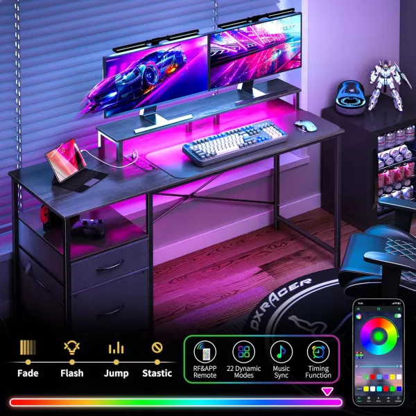 Yoobure Computer Desk with Drawers 551quot Gaming Desk with LED Lights ampamp Power Outlets Office Desk with Fabric File Cabinets Gaming Table with Long Monitor Stand PC Desk with Storage BlackGrey