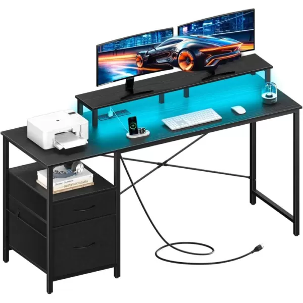 Yoobure Computer Desk with Drawers 551quot Gaming Desk with LED Lights ampamp Power Outlets Office Desk with Fabric File Cabinets Gaming Table with Long Monitor Stand PC Desk with Storage BlackBlack