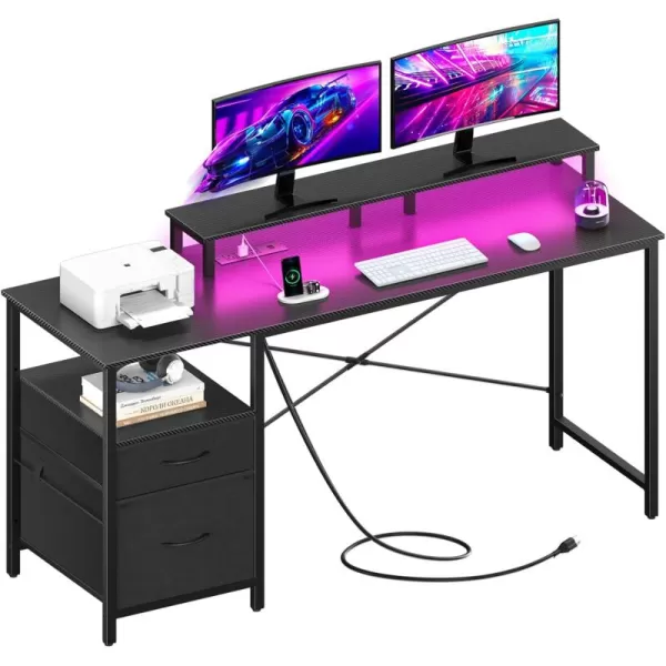 Yoobure Computer Desk with Drawers 551quot Gaming Desk with LED Lights ampamp Power Outlets Office Desk with Fabric File Cabinets Gaming Table with Long Monitor Stand PC Desk with Storage BlackCarbon Fiber Black