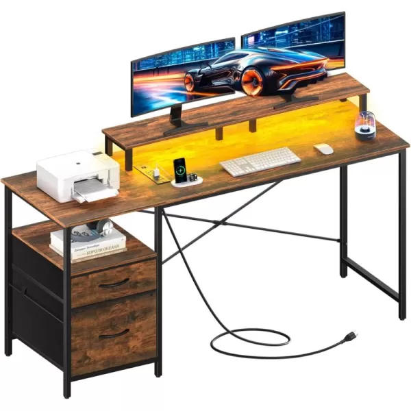 Yoobure Computer Desk with Drawers 551quot Gaming Desk with LED Lights ampamp Power Outlets Office Desk with Fabric File Cabinets Gaming Table with Long Monitor Stand PC Desk with Storage BlackBrown