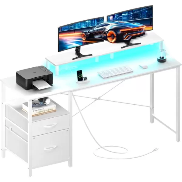 Yoobure Computer Desk with Drawers 551quot Gaming Desk with LED Lights ampamp Power Outlets Office Desk with Fabric File Cabinets Gaming Table with Long Monitor Stand PC Desk with Storage BlackWhite