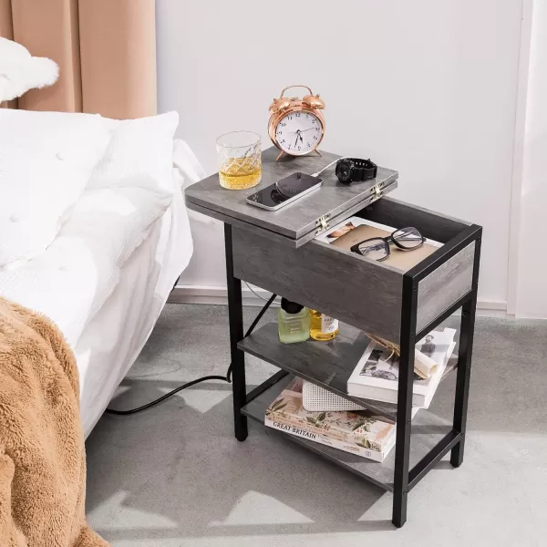 Yoobure End Table with Charging Station Flip Top Side Table with USB Ports and Outlets Sofa Couch Table Bedside Table for Living Room Bedroom Narrow Nightstand with Storage Shelves for Small SpaceGrey