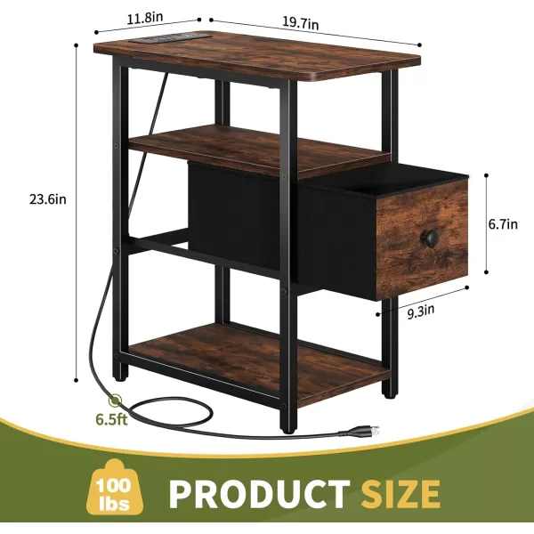 Yoobure Narrow Side Table LED Night Stand with Charging Station End Table 3Tier End Tables Living Room with Adjustable Fabric Drawer Storage Wood Nightstand with Outlets for Bedroom Small SpacesVintage Brown