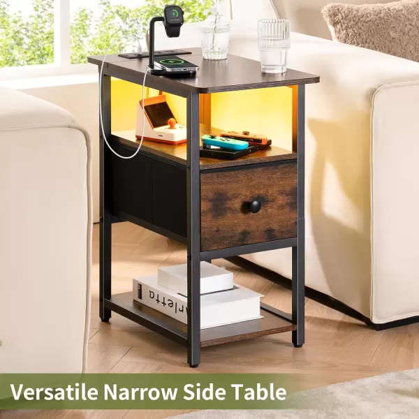 Yoobure Narrow Side Table LED Night Stand with Charging Station End Table 3Tier End Tables Living Room with Adjustable Fabric Drawer Storage Wood Nightstand with Outlets for Bedroom Small SpacesVintage Brown