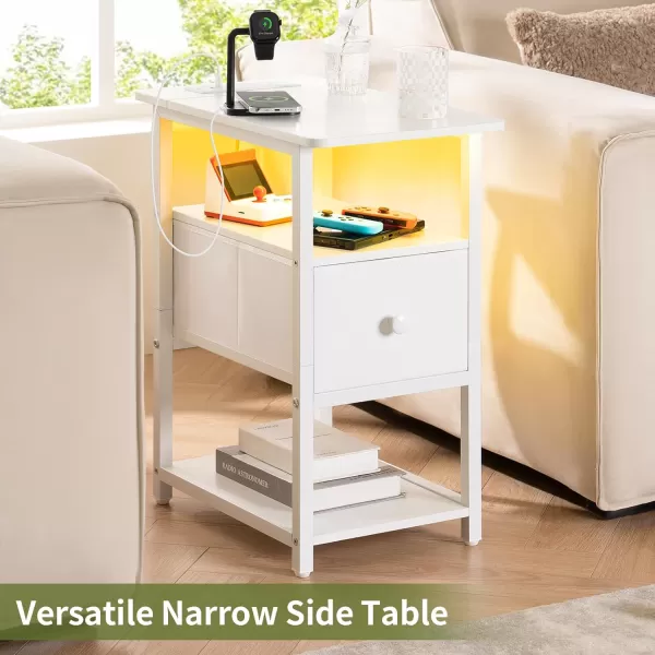 Yoobure Narrow Side Table LED Night Stand with Charging Station End Table 3Tier End Tables Living Room with Adjustable Fabric Drawer Storage Wood Nightstand with Outlets for Bedroom Small SpacesWhite