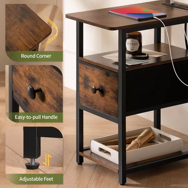 Yoobure Narrow Side Table LED Night Stand with Charging Station End Table 3Tier End Tables Living Room with Adjustable Fabric Drawer Storage Wood Nightstand with Outlets for Bedroom Small SpacesVintage Brown