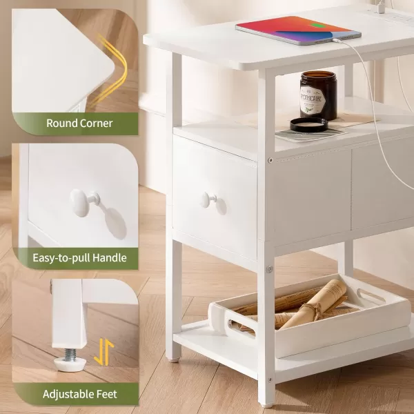 Yoobure Narrow Side Table LED Night Stand with Charging Station End Table 3Tier End Tables Living Room with Adjustable Fabric Drawer Storage Wood Nightstand with Outlets for Bedroom Small SpacesWhite