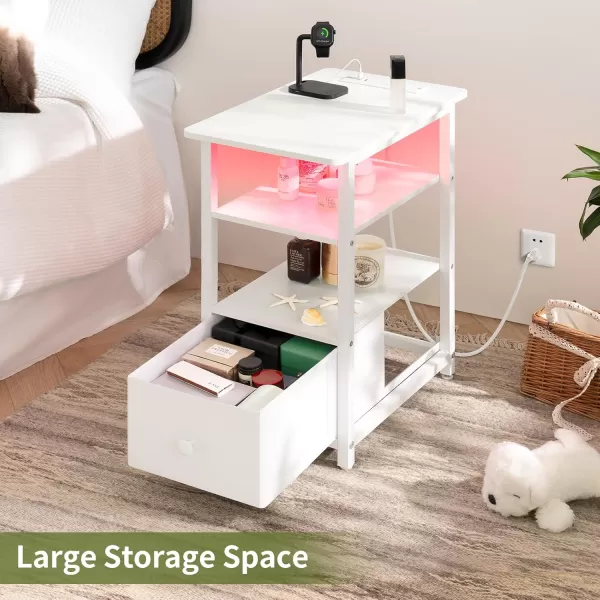 Yoobure Narrow Side Table LED Night Stand with Charging Station End Table 3Tier End Tables Living Room with Adjustable Fabric Drawer Storage Wood Nightstand with Outlets for Bedroom Small SpacesWhite