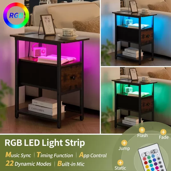 Yoobure Narrow Side Table LED Night Stand with Charging Station End Table 3Tier End Tables Living Room with Adjustable Fabric Drawer Storage Wood Nightstand with Outlets for Bedroom Small SpacesVintage Brown