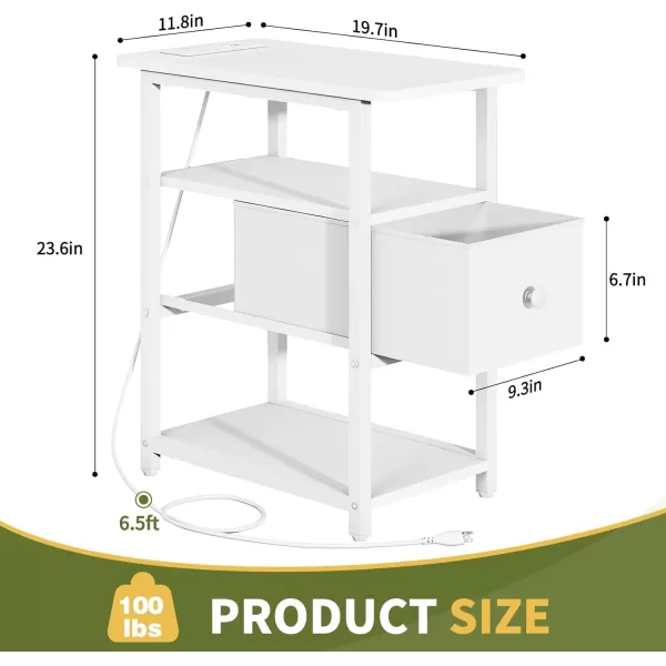 Yoobure Narrow Side Table LED Night Stand with Charging Station End Table 3Tier End Tables Living Room with Adjustable Fabric Drawer Storage Wood Nightstand with Outlets for Bedroom Small SpacesWhite