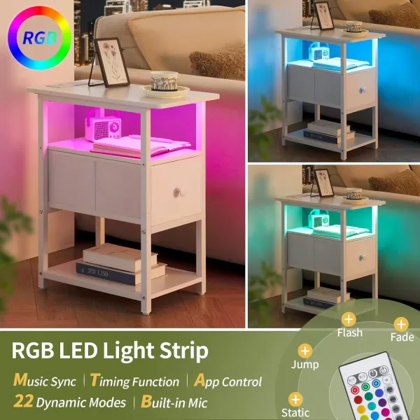 Yoobure Narrow Side Table LED Night Stand with Charging Station End Table 3Tier End Tables Living Room with Adjustable Fabric Drawer Storage Wood Nightstand with Outlets for Bedroom Small SpacesWhite