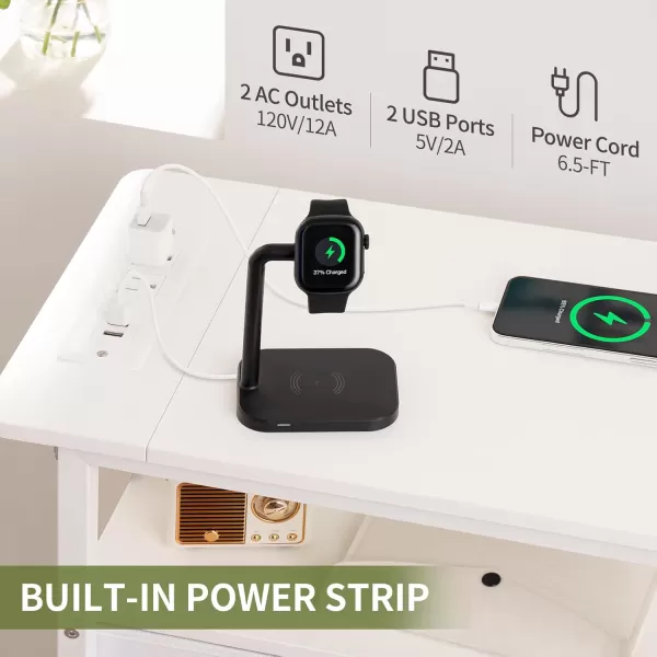 Yoobure Narrow Side Table LED Night Stand with Charging Station End Table 3Tier End Tables Living Room with Adjustable Fabric Drawer Storage Wood Nightstand with Outlets for Bedroom Small SpacesWhite