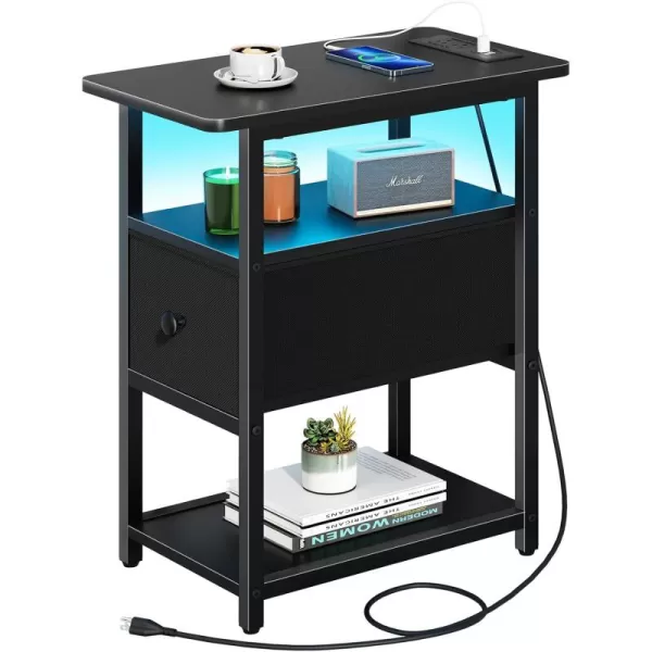 Yoobure Narrow Side Table LED Night Stand with Charging Station End Table 3Tier End Tables Living Room with Adjustable Fabric Drawer Storage Wood Nightstand with Outlets for Bedroom Small SpacesBlack