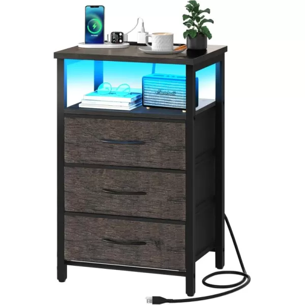 Yoobure Night Stand with Charging Station 16 Colors LED Nightstand with USB Ports and Outlets End Table with 3 Fabric Drawers and Storage Shelf Bedside Tables Small Dresser for Small Space WhiteGrey