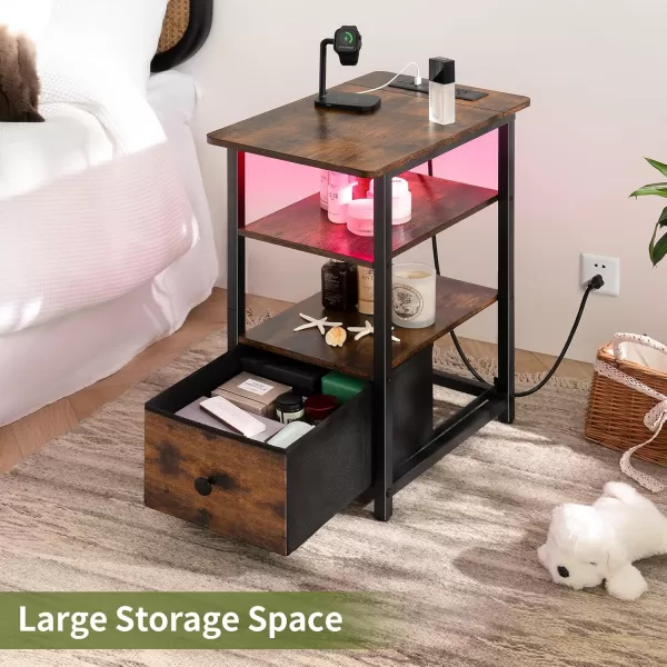 imageYoobure Narrow Side Table LED Night Stand with Charging Station End Table 3Tier End Tables Living Room with Adjustable Fabric Drawer Storage Wood Nightstand with Outlets for Bedroom Small SpacesVintage Brown