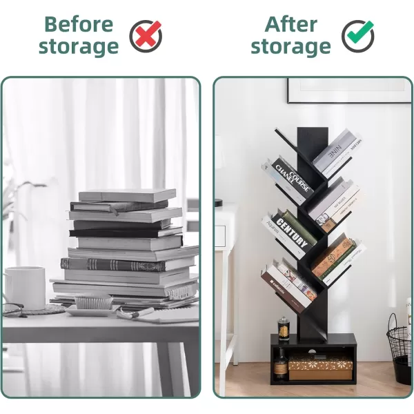 imageYoobure Tree Bookshelf  6 Shelf Retro Floor Standing Bookcase Tall Wood Book Storage Rack for CDsMoviesBooks Utility Book Organizer Shelves for Bedroom Living Room Home Office BlackBlack