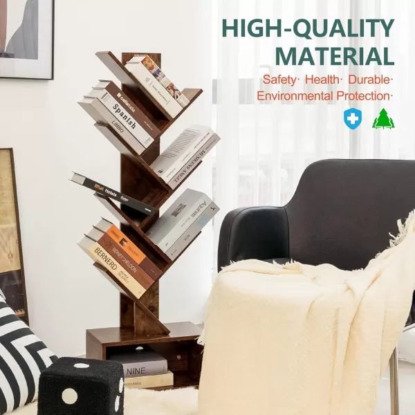 imageYoobure Tree Bookshelf  6 Shelf Retro Floor Standing Bookcase Tall Wood Book Storage Rack for CDsMoviesBooks Utility Book Organizer Shelves for Bedroom Living Room Home Office BlackRustic Brown