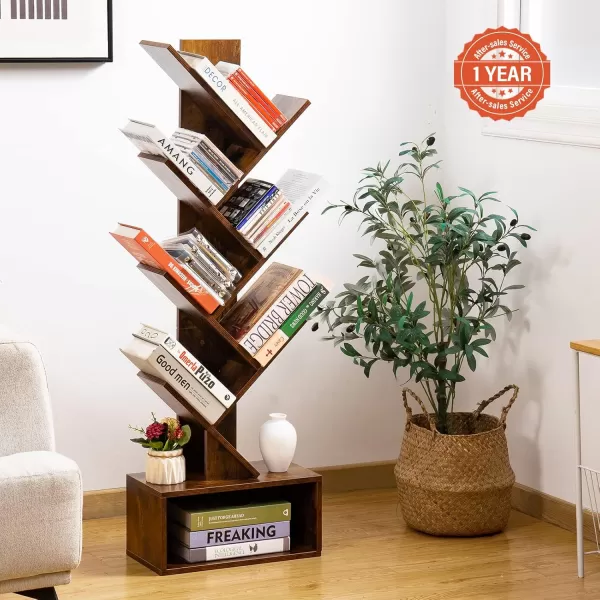 imageYoobure Tree Bookshelf  6 Shelf Retro Floor Standing Bookcase Tall Wood Book Storage Rack for CDsMoviesBooks Utility Book Organizer Shelves for Bedroom Living Room Home Office BlackRustic Brown
