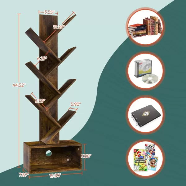 imageYoobure Tree Bookshelf  6 Shelf Retro Floor Standing Bookcase Tall Wood Book Storage Rack for CDsMoviesBooks Utility Book Organizer Shelves for Bedroom Living Room Home Office BlackRustic Brown