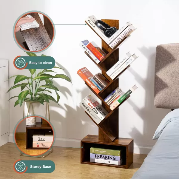 imageYoobure Tree Bookshelf  6 Shelf Retro Floor Standing Bookcase Tall Wood Book Storage Rack for CDsMoviesBooks Utility Book Organizer Shelves for Bedroom Living Room Home Office BlackRustic Brown