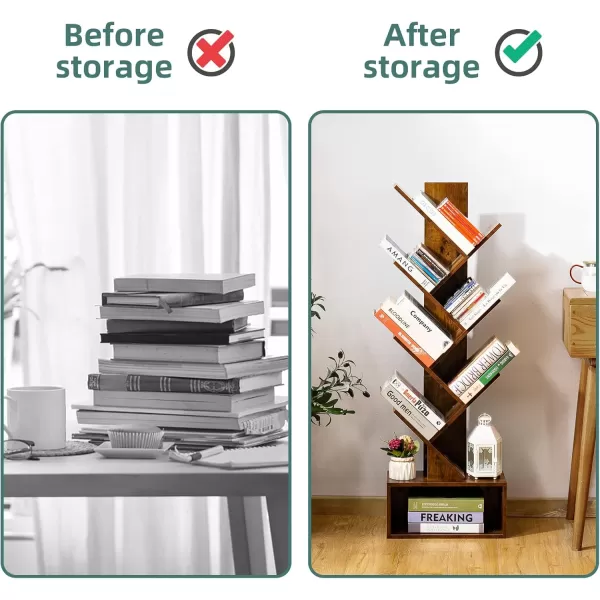 imageYoobure Tree Bookshelf  6 Shelf Retro Floor Standing Bookcase Tall Wood Book Storage Rack for CDsMoviesBooks Utility Book Organizer Shelves for Bedroom Living Room Home Office BlackRustic Brown