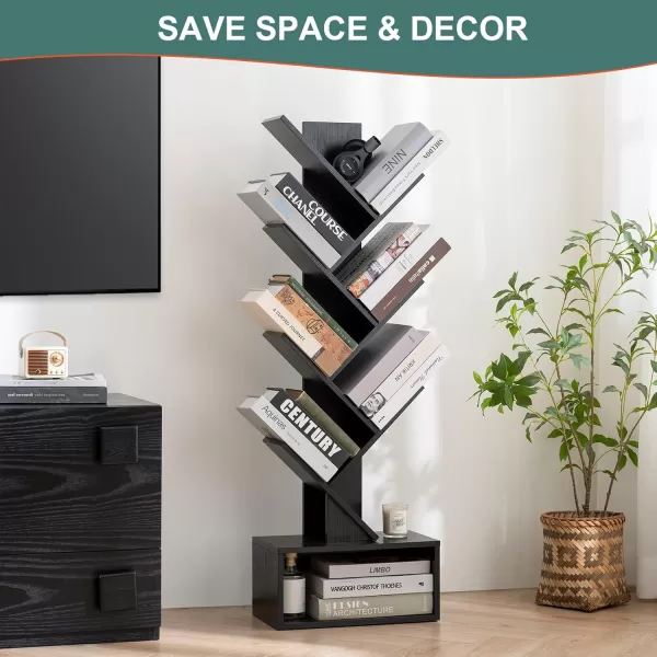 imageYoobure Tree Bookshelf  6 Shelf Retro Floor Standing Bookcase Tall Wood Book Storage Rack for CDsMoviesBooks Utility Book Organizer Shelves for Bedroom Living Room Home Office BlackBlack