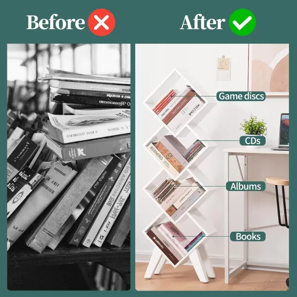 imageYoobure Tree Bookshelf  6 Shelf Retro Floor Standing Bookcase Tall Wood Book Storage Rack for CDsMoviesBooks Utility Book Organizer Shelves for Bedroom Living Room Home Office BlackLight White