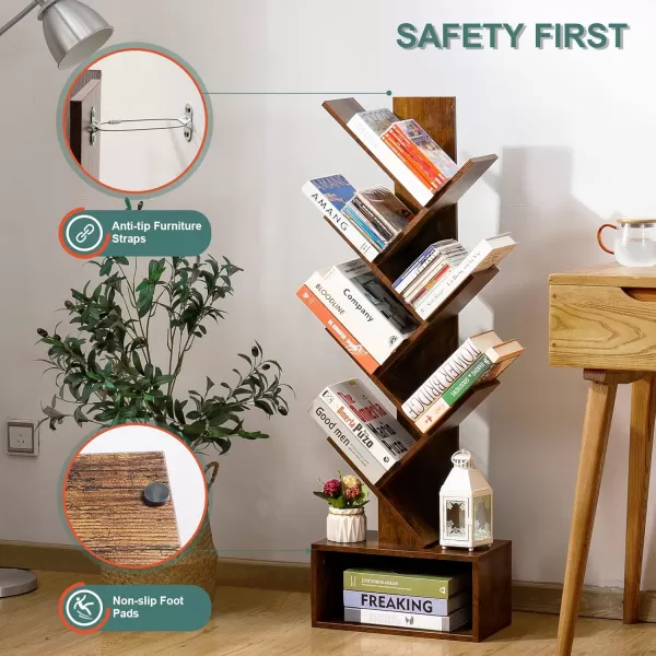 imageYoobure Tree Bookshelf  6 Shelf Retro Floor Standing Bookcase Tall Wood Book Storage Rack for CDsMoviesBooks Utility Book Organizer Shelves for Bedroom Living Room Home Office BlackRustic Brown