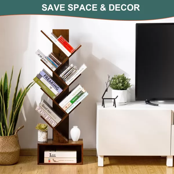imageYoobure Tree Bookshelf  6 Shelf Retro Floor Standing Bookcase Tall Wood Book Storage Rack for CDsMoviesBooks Utility Book Organizer Shelves for Bedroom Living Room Home Office BlackRustic Brown