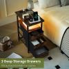 imageYoobure End Table with Charging Station LED Narrow Side Table Bedside Table Small Night Stand End Tables Living Room Skinny Nightstand with 3 Fabric Drawers Side Tables Bedroom for Small SpacesRustic Brown