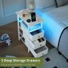 imageYoobure End Table with Charging Station LED Narrow Side Table Bedside Table Small Night Stand End Tables Living Room Skinny Nightstand with 3 Fabric Drawers Side Tables Bedroom for Small SpacesWhite