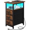 imageYoobure End Table with Charging Station LED Narrow Side Table Bedside Table Small Night Stand End Tables Living Room Skinny Nightstand with 3 Fabric Drawers Side Tables Bedroom for Small SpacesRustic Brown