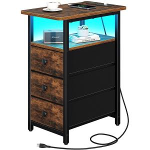 imageYoobure End Table with Charging Station LED Narrow Side Table Bedside Table Small Night Stand End Tables Living Room Skinny Nightstand with 3 Fabric Drawers Side Tables Bedroom for Small SpacesRustic Brown